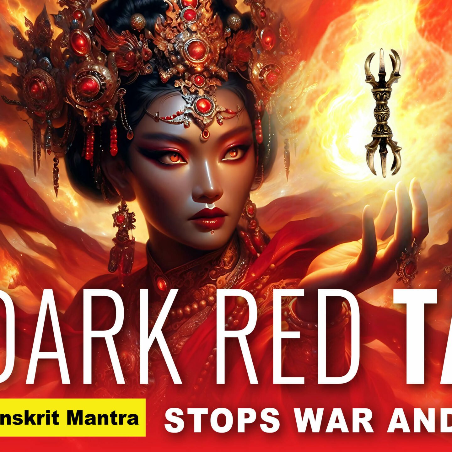 Red Black Tara Who Averts War and Anger, Tara 13 Mantra Ablaze with Flames