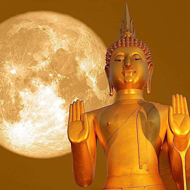 Buddha-Weekly-Buddha full moon. jpg-Buddhism Buddha statue against a full moon. Lunar calendar is very important in Buddhism, with most major events celebrated according to the lunar calendar.