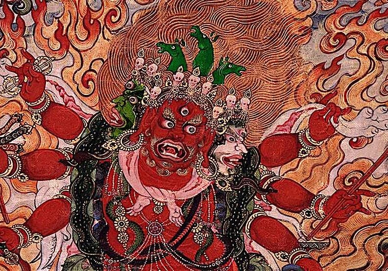 Buddha-Weekly-Hayagriva Feature Image Web-Buddhism Hayagriva Sandrup closeup with three green horse heads and three faces red centre, green right and white left with six arms, supreme Heruka of the Amitabha Family.