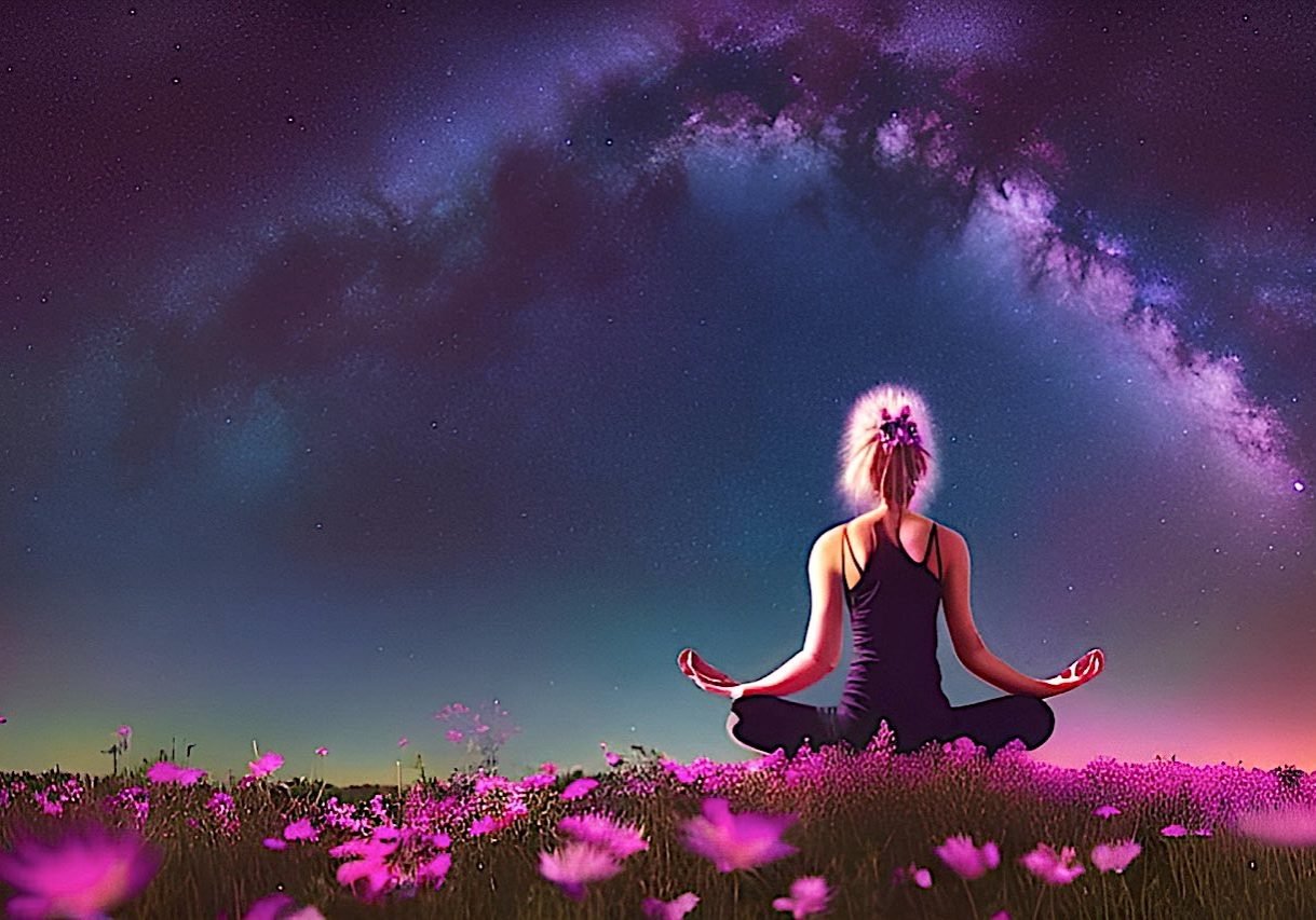 Buddha-Weekly-meditator-sits-amongst-cosmos-and-stars-contemplating-time-mindfully_4ao6Ldx1_upscaled-Buddhism Mindfulness Meditation brings a new perspective on the nature of time.