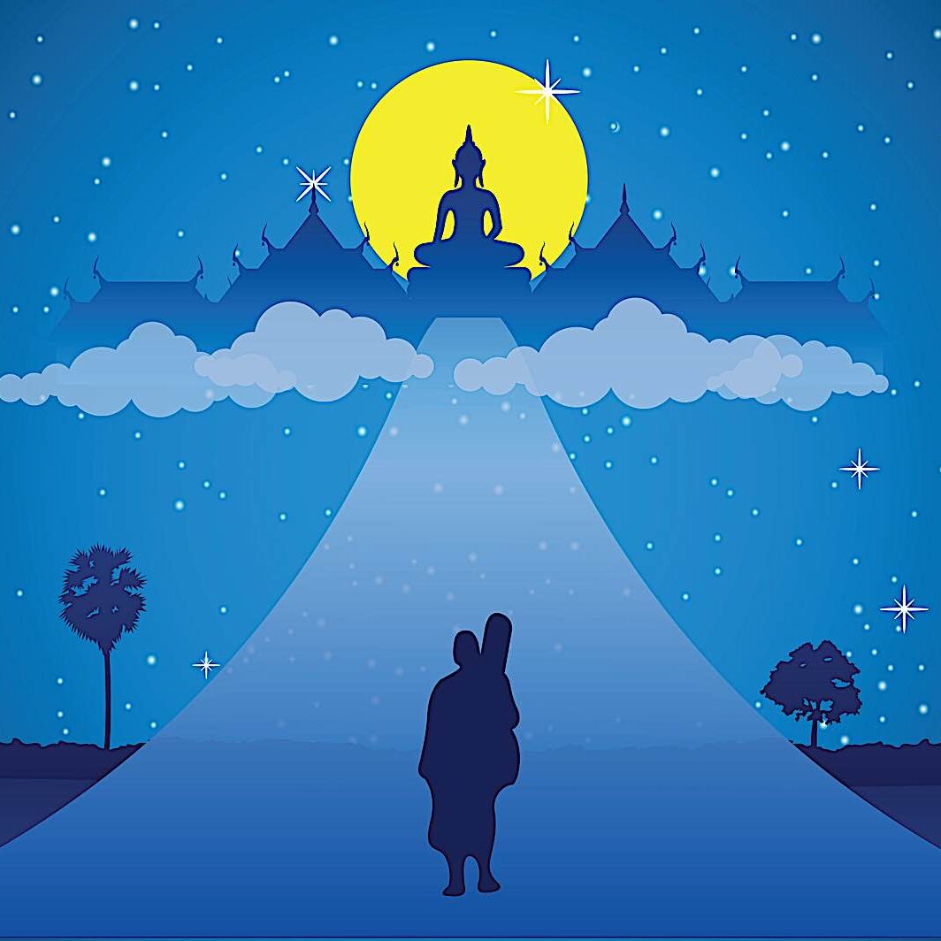 Buddha-Weekly-Monk walking road to Pureland fulll moon illustraiton dreamstime_l_116165352-Buddhism Buddha taught many methods, paths and skillful means. It is up to us to choose our path and method — the destination is the same — the other shore, Enlightenment.