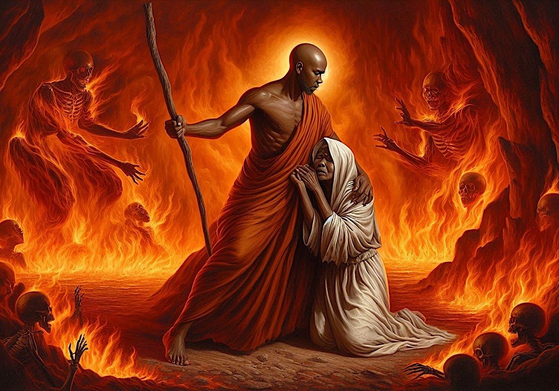 Hor Hungry Ghost 1 Mulian finds his mother as a hungry ghost and asks Buddha how he can save her from suffering. Image by Buddha Weekly @BuddhaWeekly.