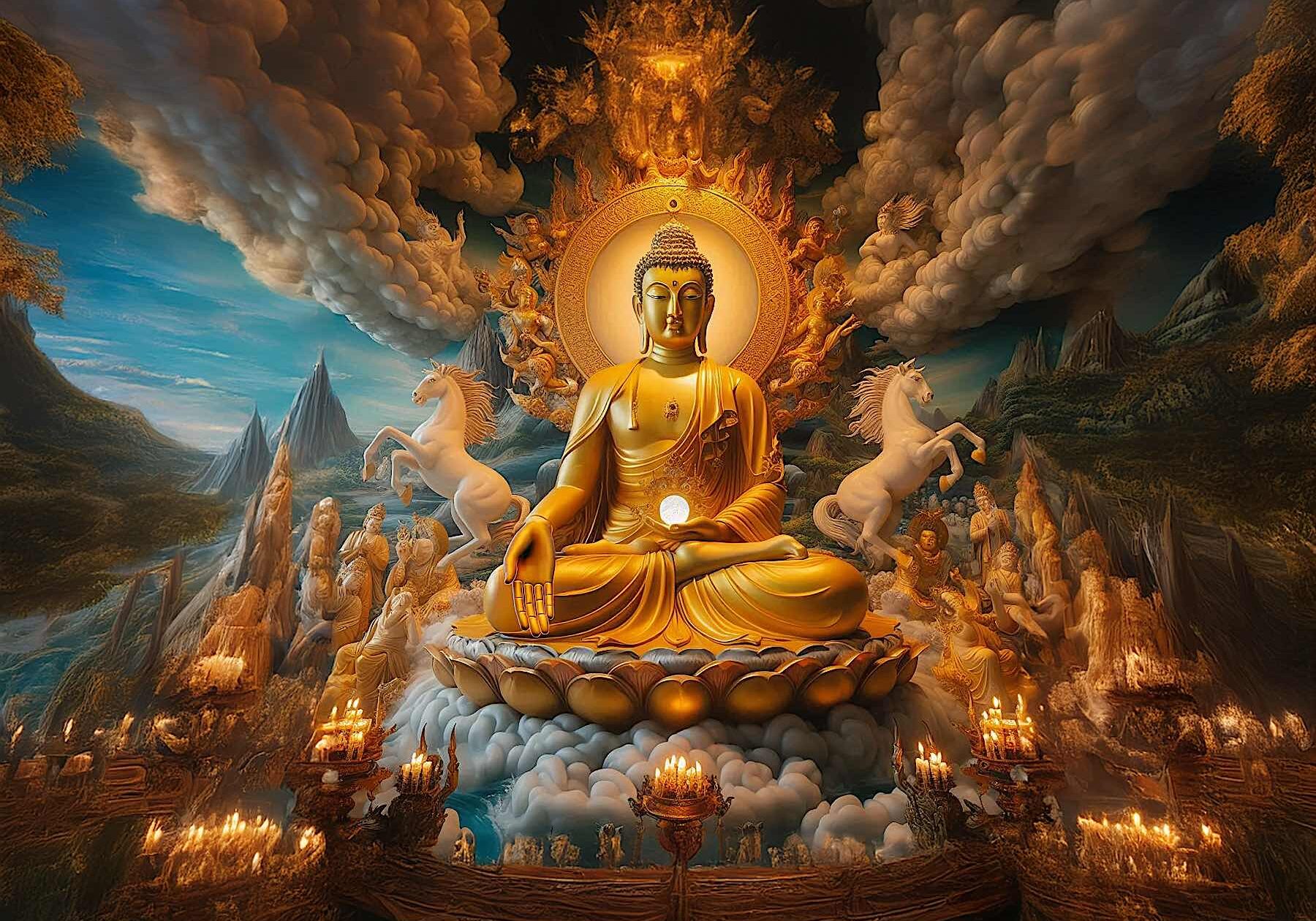 _Ratnasambhava@BuddhaWeekly-47-enlarged-1800 Ratnasambhava Buddha is the head of the Ratna or Jewel family. He is golden in colour, to symbolize the earth element and his auspicious enriching power. He helps bring us the prosperity and auspicious circumstance that allow us to help sentient beings. To his left and right are his sacred animal, the horses who support his throne. They symbolize earth and wish-fuflilment.